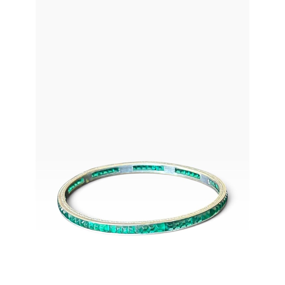 Vintage Sterling Silver Emerald Green Channel Set Bangle Bracelet Art Deco